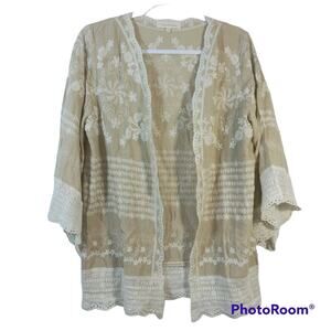 Solitaire Tan Cream Embroidered Open Cardigan Wide Sleeves Size S